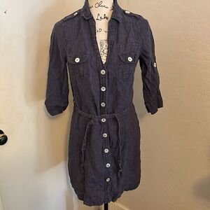 Malvin Blue 100% Linen Button Closure Belted Roll Tab Dress